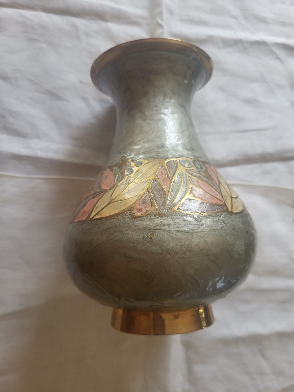 Vintage ~ BRASS VASE ~ Etched Leaves ~ Enameled Beige and Green ~ Made In India